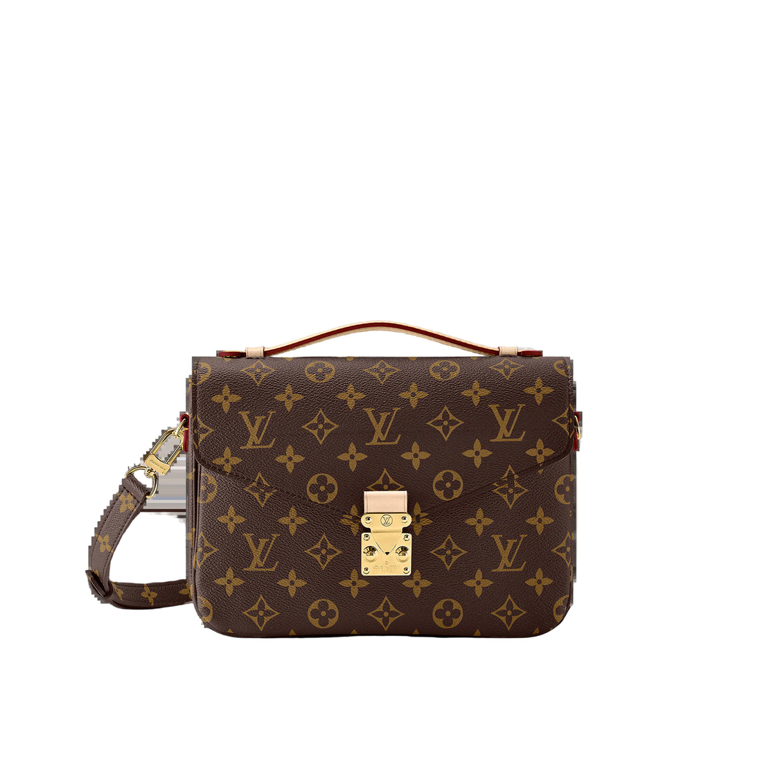 Brown handbag with gold monogram pattern on a white background
