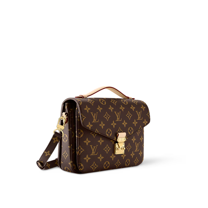 Brown handbag with gold monogram pattern on a white background