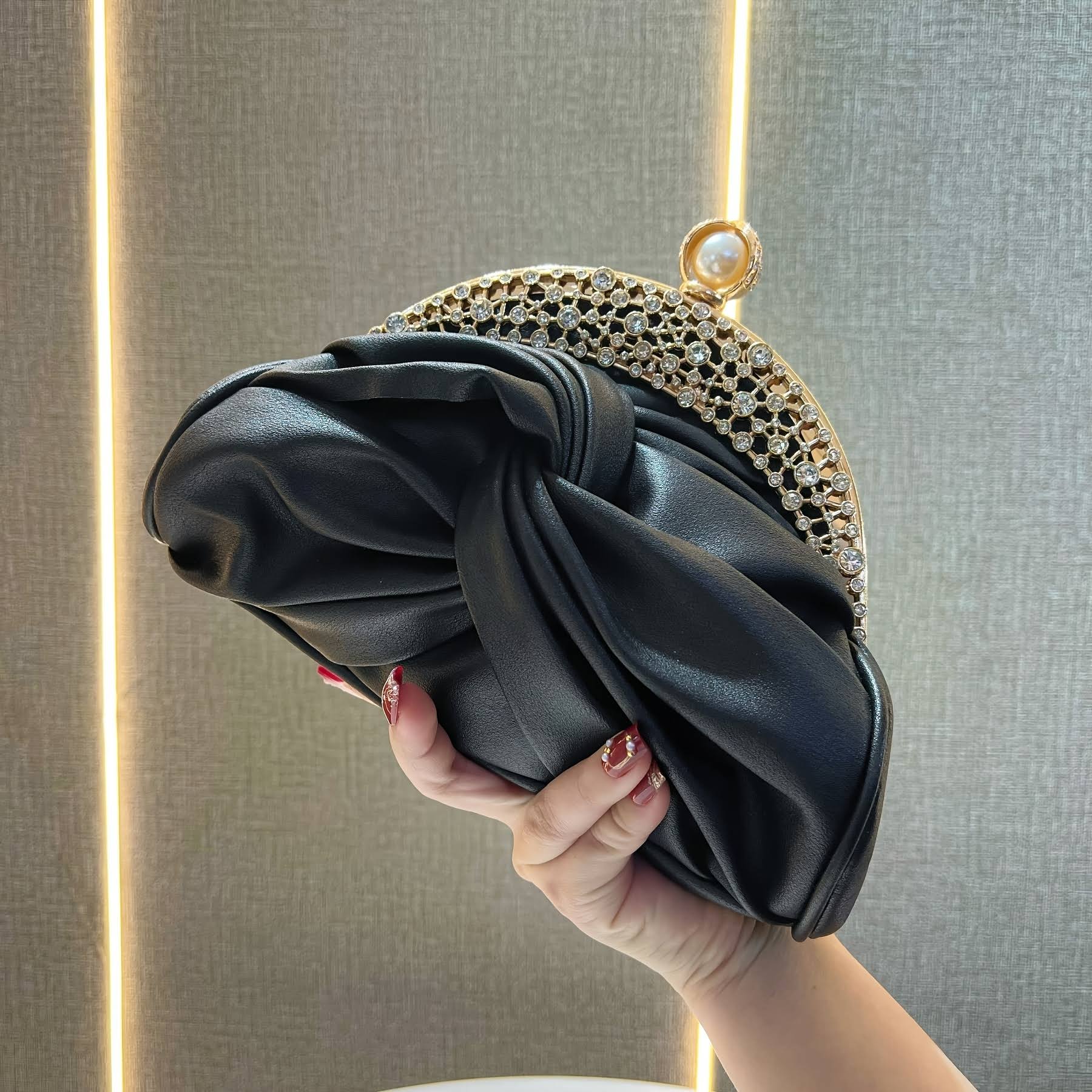 Elegant Black Clutch Bag with Golden Rhinestone Crown